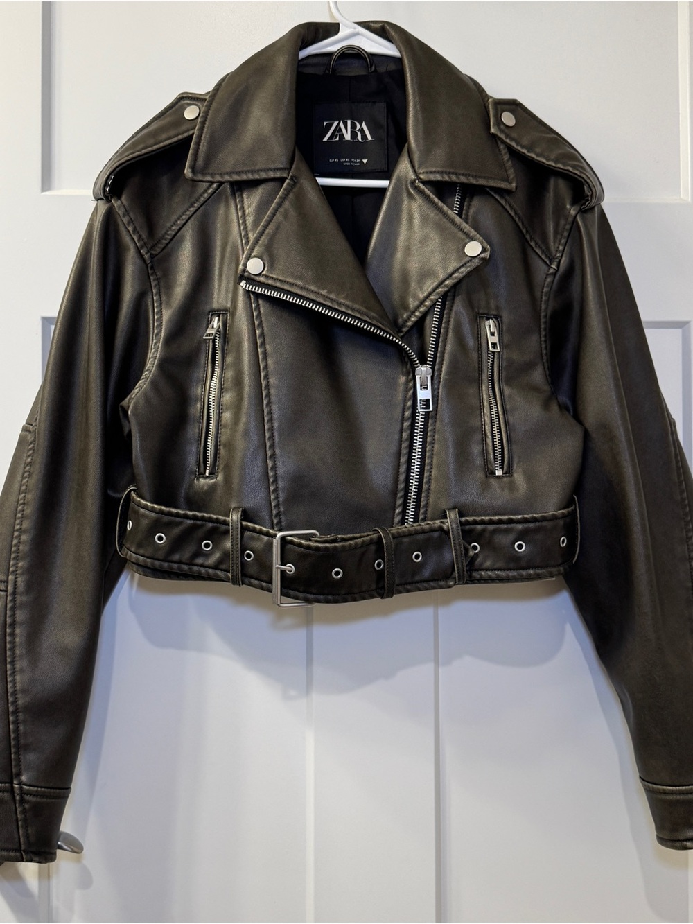 Size Xs ZARA Brown Faux Leather Cropped Biker Jacket Belted Oversized Bomber